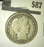 1912 Barber Half Dollar, VG, value $17