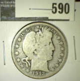 1913-D Barber Half Dollar, VG, value $17