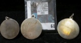 3 large silver disc style charms / pendants, each between the size of a half and silver dollar, suit
