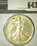 1945-D Walking Liberty Half Dollar, AU, value $20