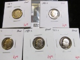 5 Proof Roosevelt Dimes, 1981-S type 1, 1983-S, 1985-S, 1989-S & 1993-S, group value $17+