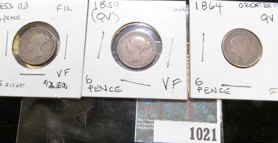 1853, 1859, & 1864 Silver Queen Victoria Six Pence Coins.