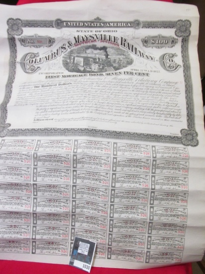 1879 "United States of America State of Ohio Columbus & Maysville Railway First Mortgage Bond with a