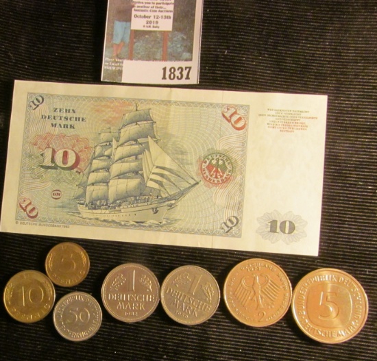 Series 1980 German "Deutsche Bundesbank" 10 Mark Note in VF; & several German Coins with up to Five