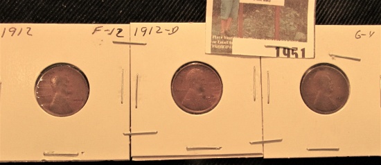 1912 P, D, & S Lincoln Cents, Good to Fine.