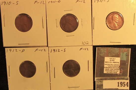 1910 S, 11 D, S, 12 D, & S Lincoln Cents. All grading at least Fine condition.