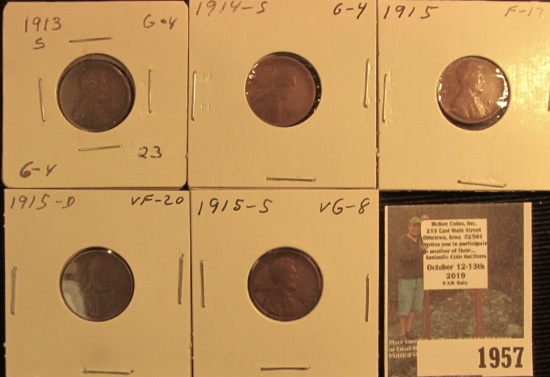 1913S Good, 14S Good, 15P Fine, 15D VF, & 15S VG Lincoln Cents.