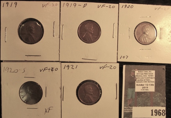 1919P VF, 19D VF, 20P VF, 20S VF, & 21P VF Lincoln Cents.