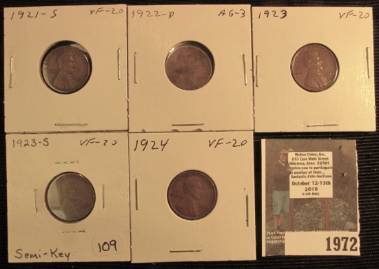 1921S VF, 22D AG, 23P VF, 23S VF, & 24P VF Lincoln Cents, all scarcer dates in these grades.