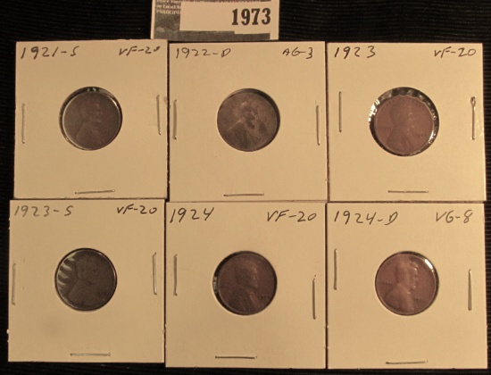 1921S VF, 22D AG, 23P VF, 23S VF, 24P VF, & 24D VG Lincoln Cents, all scarcer dates in these grades.