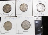 1938, 42, 45, 47, & 48 Great Britain Silver Shillings.