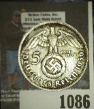 1936 Nazi Germany Five Marks Silver Coin.