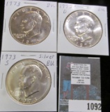 1973 P BU, 73 D BU, & 73 S Silver Eisenhower Dollar, BU.