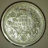 1945 British India Silver One Rupee of King and Emperor George VI. AU.