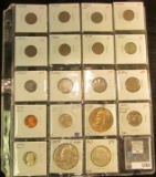 Plastic page with 19 Old U.S. Coins, including a 1938 S Nickel BU, some Silver, and Proof Coins.