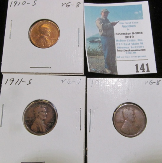 1910 S, 11 S. & 12 S Key Date Lincoln Cents, all grading VG.