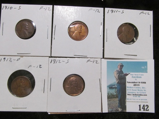1910 S, 11 D, 11 S, 12 D, & 12 S Lincoln Cents, all Key dates and grading Fine.