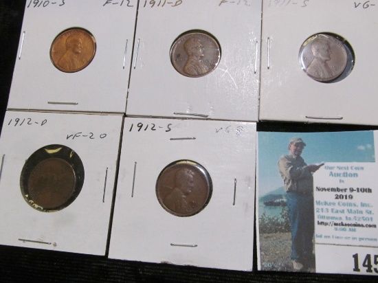 1910 S, 11 D, 11 S, 12 D, & 12 S Key Date Lincoln Cents, all grading VG-VF.