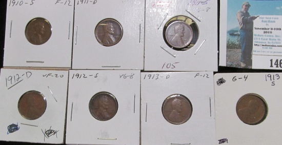 1910 S, 11 D, 11 S, 12 D, 12 S, 13 D, & 13 S Key date Lincoln Cents, Grading Good to VF.