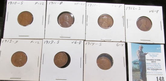 1910 S, 11 D, 11 S, 12 S, 13 D, 13 S, & 14 S Key date Lincoln Cents, Grading Good to VF.