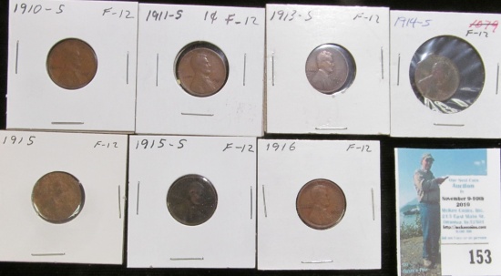 1910 S, 11 S, 13 S, 14 S, 15 P, 15 S, & 16 P Key date Lincoln Cents, all grading Fine.