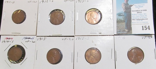1911 D, 12 S, 13 S, 14 S, 15 P, S, & 16 P Key date Lincoln Cents, all grading VF.