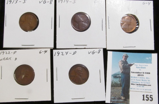 1913 S, 14 S, 15 S, 22 D, & 24 D Lincoln Cents, All Good to VG.