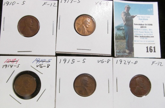 1910 S, 13 S, 14 S, 15 S, & 24 D Keydate Lincoln Cents grading Good to Fine.
