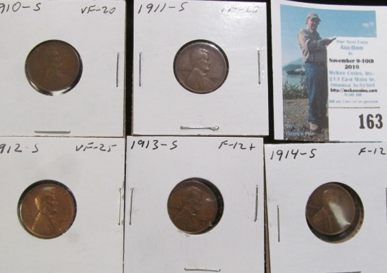 1910 S, 11 S, 12 S, 13 S, & 14 S Keydate Lincoln Cents grading Fine-Very Fine.