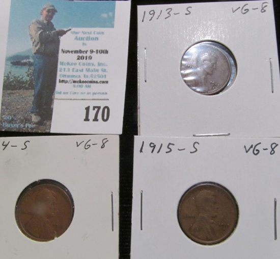 1913 S, 14 S, & 15 S Lincoln Cents, All VG.