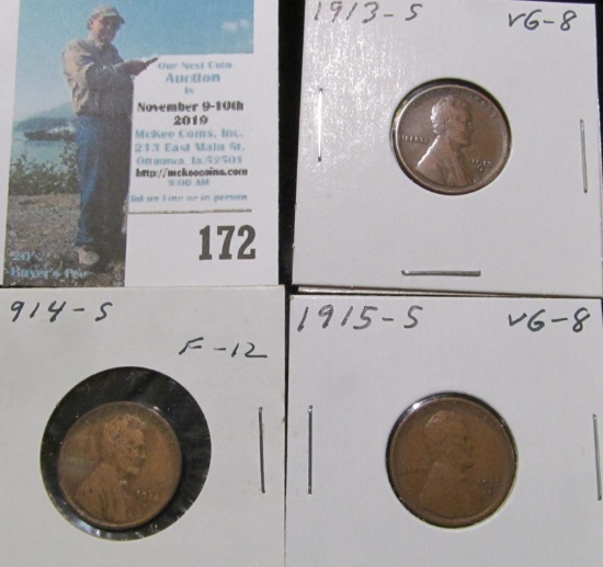 1913 S, 14 S, & 15 S Lincoln Cents, All VG.