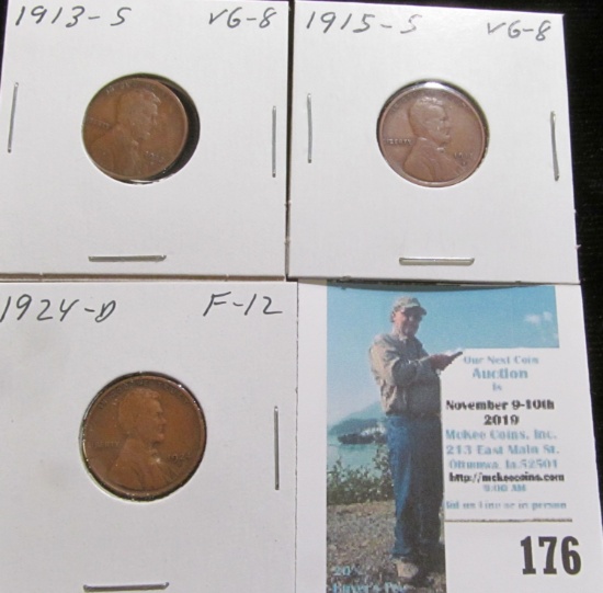 1913 S VG, 15 S VG, & 24 D Fine Lincoln Cents.