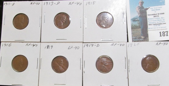 1911 D, 13 D, 15 P, 16 P, 19 P, D, & 20 P Lincoln Cents, all grading EF.