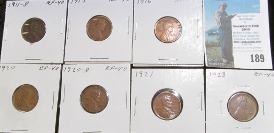 1911 D, 15 P, 16 P, 20 P, D, 21 P, & 23 P Lincoln Cents, all grading EF.