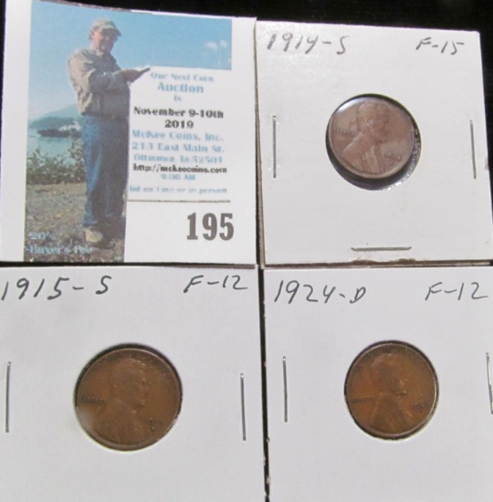 1914 S, 15 S, & 24 D Key Date Lincoln Cents, all grading Fine.