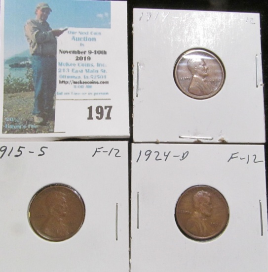 1914 S, 15 S, & 24 D Key Date Lincoln Cents, all grading Fine.