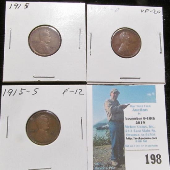 1915 P, D, & S Key Date Lincoln Cents, Fine to Very Fine.