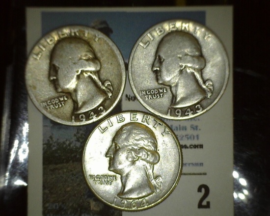 (2) 1943 P & 64 P Silver Washington Quarters.