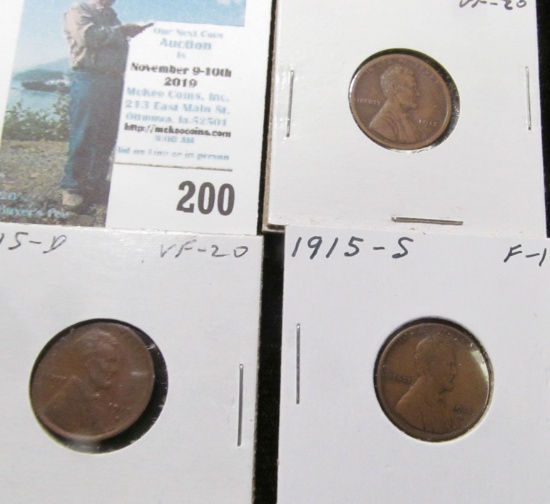 1915 P, D, & S Key Date Lincoln Cents, Fine to Very Fine.