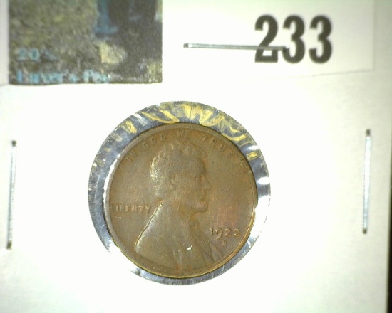 1922 D Key Date Lincoln Cent, VF.