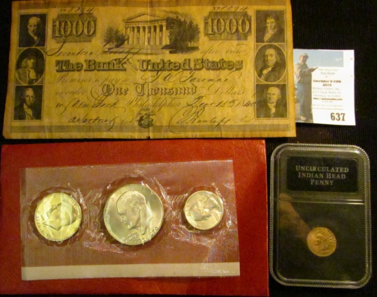 Replica of a $1000 "The Bank of the United States" note; 1907 Indian Head Cent in a holder labeled "