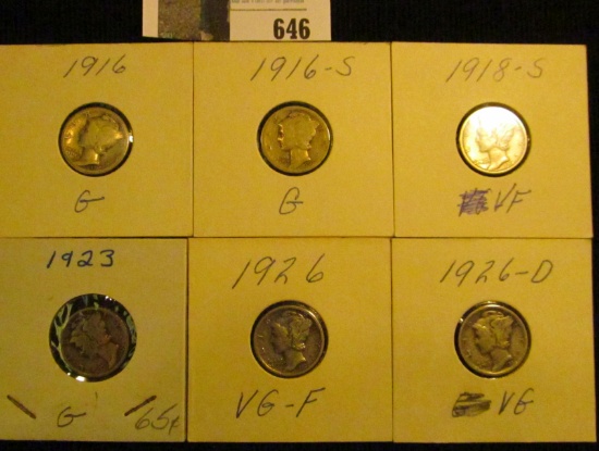 1916P, S, 18S, 23P, 26P, & D Mercury Dimes. All circulated and carded in holders.