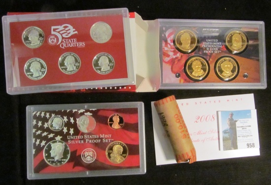 2008 S United States Mint Silver Proof Set in original box of issue; & a roll of Quarters labeled "1