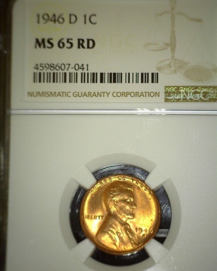 1946 D Lincoln Cent NGC slabbed "MS65 RD".
