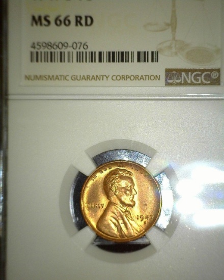 1947 S Lincoln Cent NGC slabbed "MS66 RD".