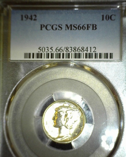 1942 P Mercury Dime slabbed "PCGS MS66FB".