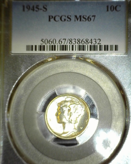 1945 S Mercury Dime slabbed "PCGS MS67".