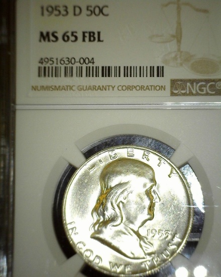 1953 D Franklin Half Dollar NGC slabbed "MS 65 FBL".