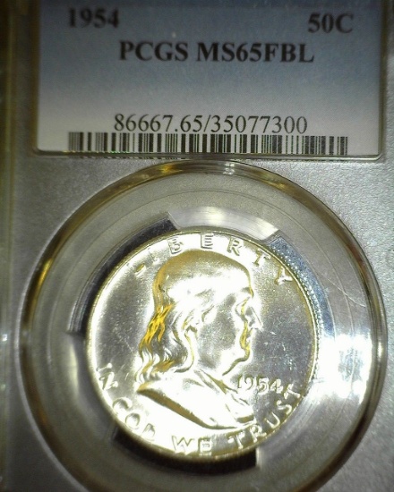 1954 P Franklin Half Dollar slabbed "PCGS MS 65 FBL".