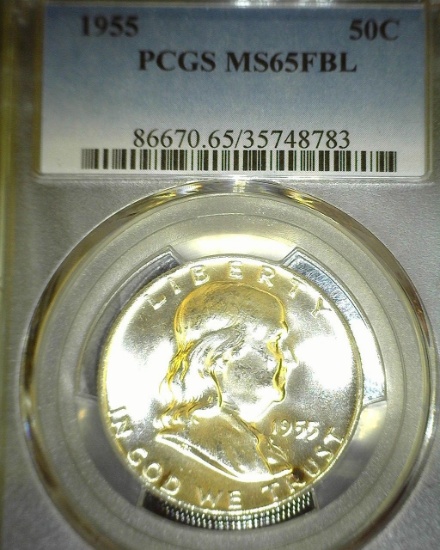 1955 P Franklin Half Dollar slabbed "PCGS MS 65 FBL".